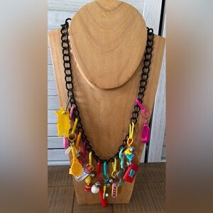 Vintage Colorful Multi-Charm Statement Necklace - Black Chain with Bright Charms